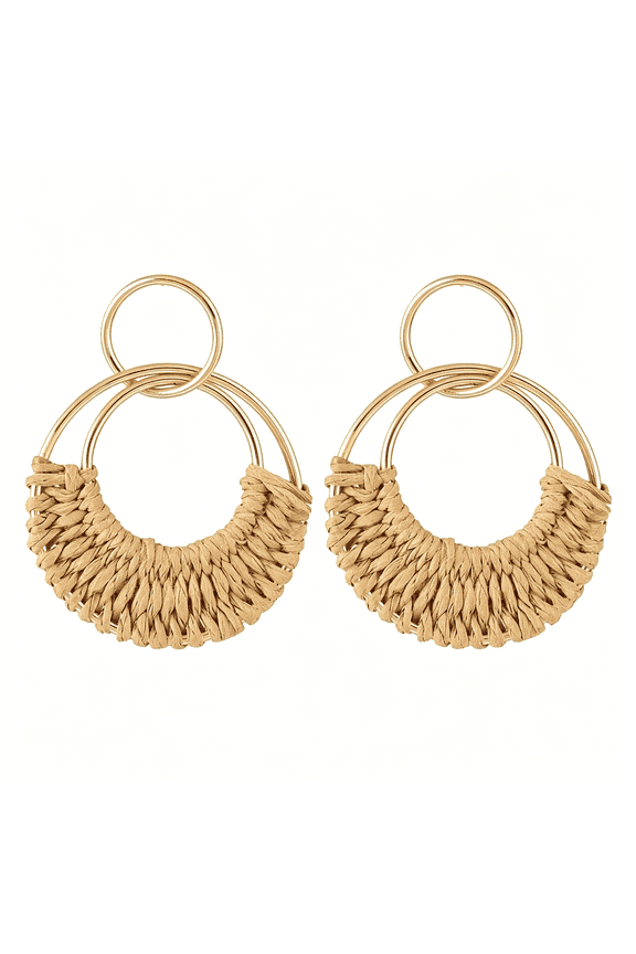 Handmade Raffia Hoop Earrings Statement Tropical Bohemian Straw Dangle Earrings Natural Rattan Vacation Style Round Earrings for Women Summer Beach Party Essential Jewelry
