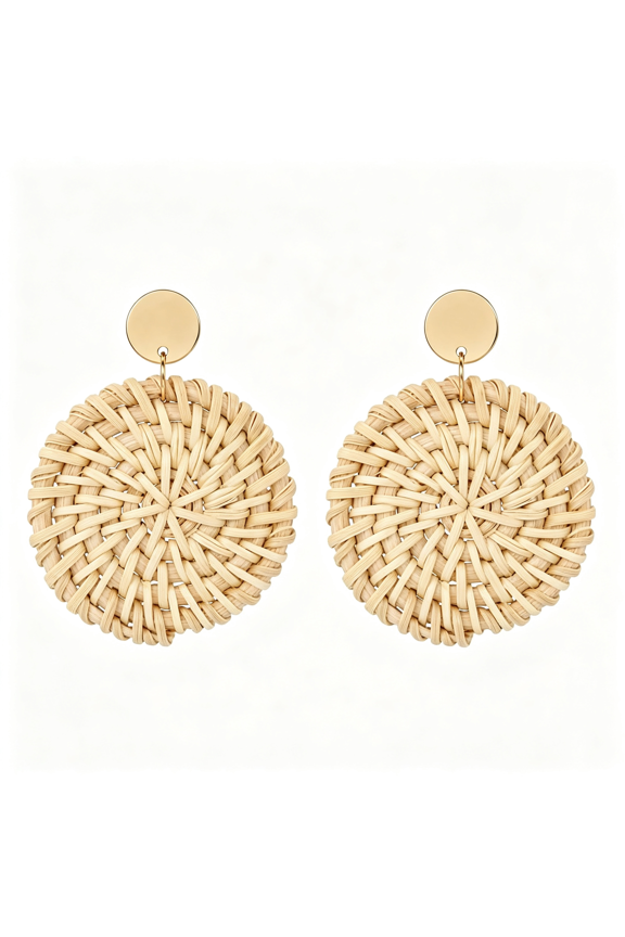 Handmade Raffia Rattan Bohemian Dangle Earrings for Women,Woven Rattan Round Drop Dangle Earrings Beach Jewelry Raffia Earrings for Women