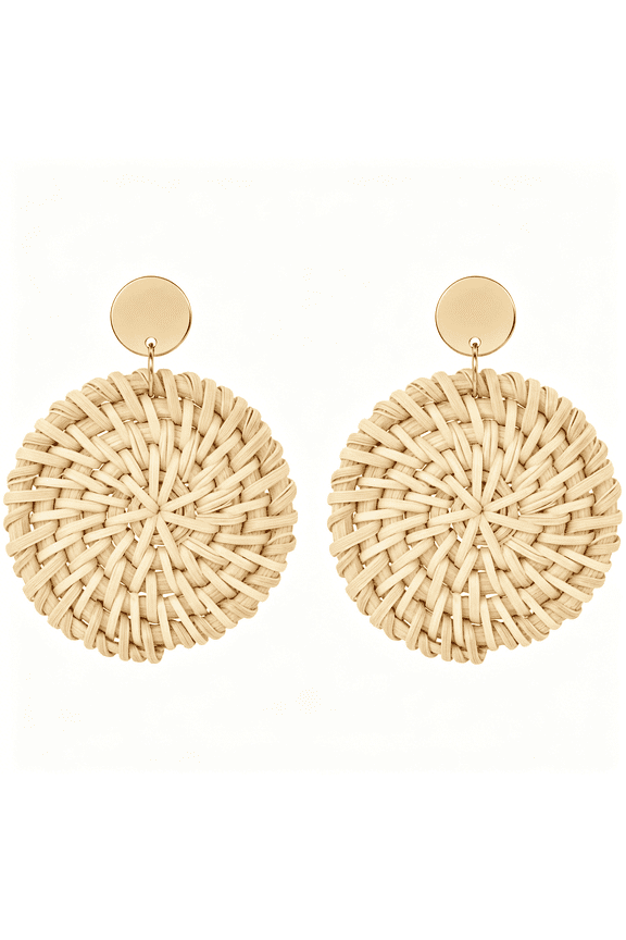 Handmade Raffia Rattan Bohemian Dangle Earrings for Women,Woven Rattan Round Drop Dangle Earrings Beach Jewelry
