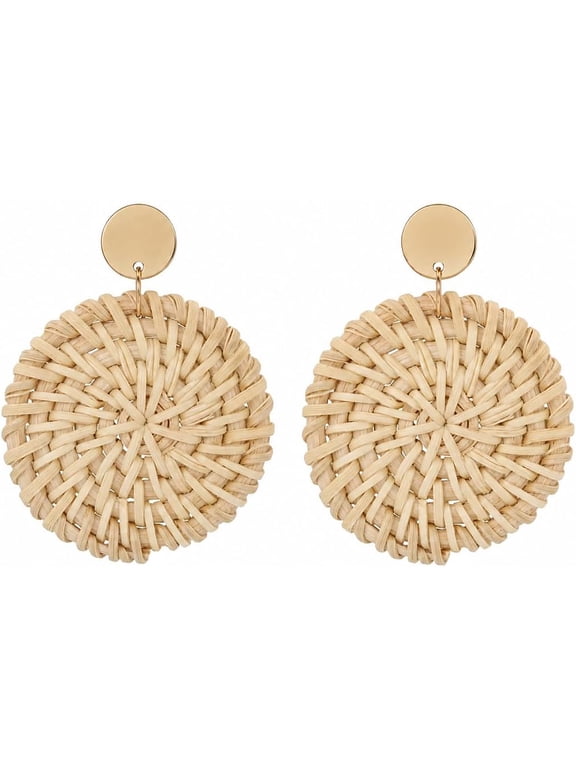 Handmade Raffia Rattan Bohemian Dangle Earrings for Women, Woven Rattan Round Drop Dangle Earrings Beach Jewelry