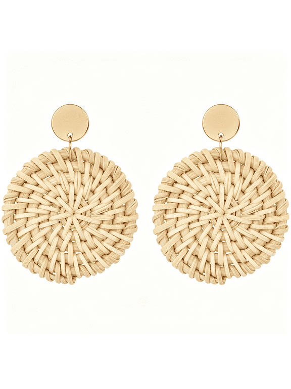 Handmade Raffia Rattan Dangle Earrings for Women Woven Round Drop Boho Beach Jewelry Gold Tone Stud Lightweight