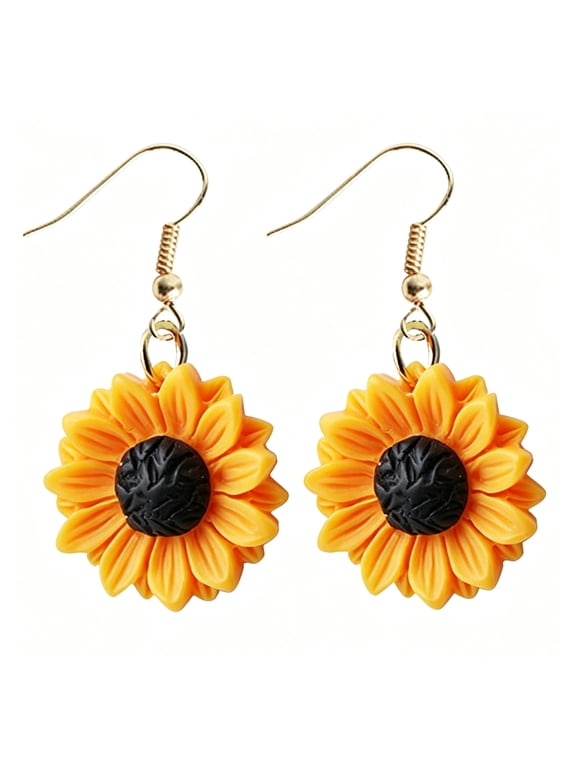 Handmade Resin 3D Sunflower Daisy Flower Drop Dangle Earrings Wooden Little Daisy Flower for Women Summer Boho Jewelry