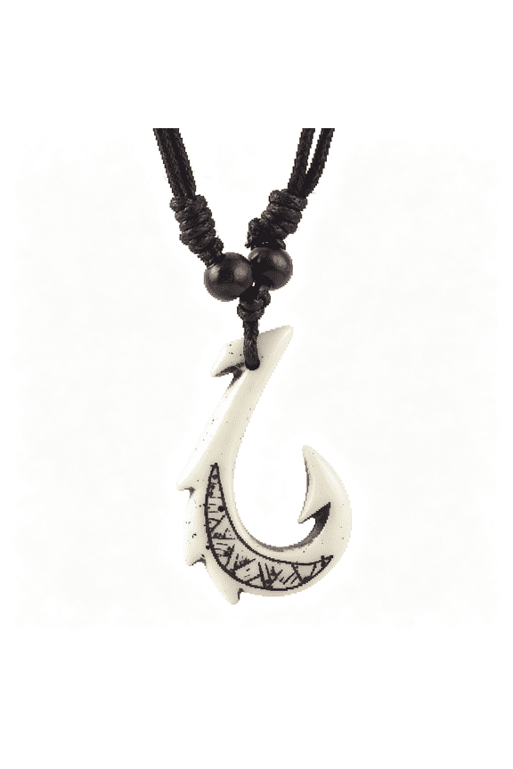 Hawaiian Fish Hook Pendant Hemp Cord Chain - Maori Tribal Necklace Fish Necklace