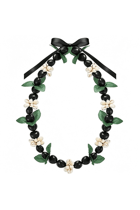 Hawaiian Graduation Kukui Nut Leis Flower Necklace Ribbon Bow Tie Closure Adjustable Acrylic Heart Shell Beads for High School College Graduation Student