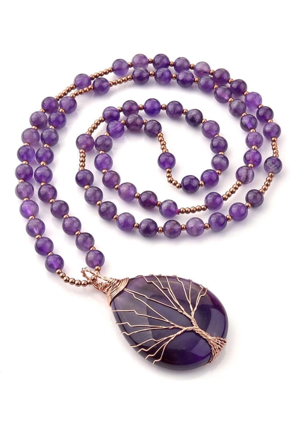 Healing Crystal Amethyst Necklace Natural Stone Beads Life Tree Wire Wrapped Teardrop Gemstone Pendant Jewelry for Women Mom