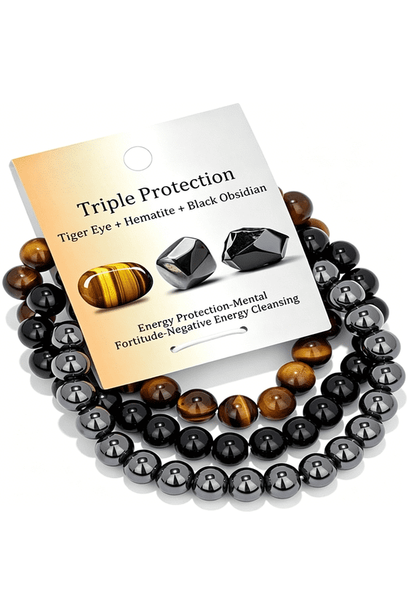 Healing Crystal Bracelets for Women Men 8Mm Tiger Eye Hematite Black Obsidian Natural Stone Beaded Stretch Bracelet Triple Protection Handmade Gemstone Reiki Spiritual Jewelry Gifts