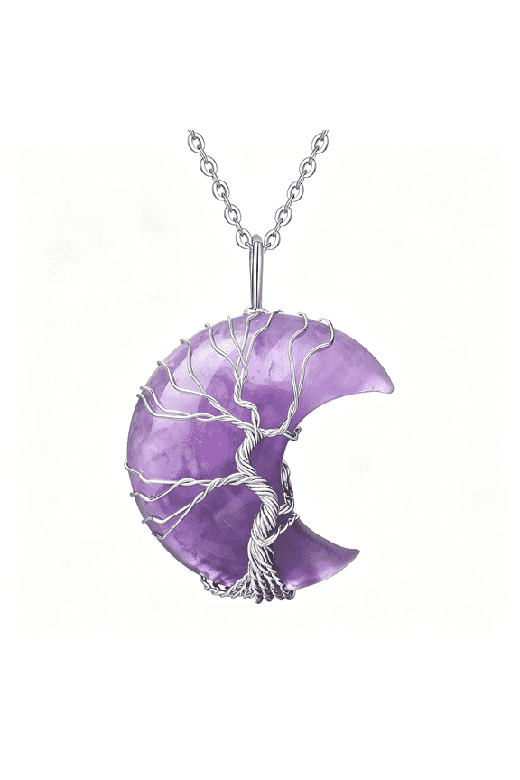 Healing Crystal Necklace Tree of Life Wire Wrapped Amethyst Crescent Moon Natural Stone Pendant Necklaces Hippie Boho Witch Wiccan Spiritual Reiki Gemstone Quartz Jewelry for Women