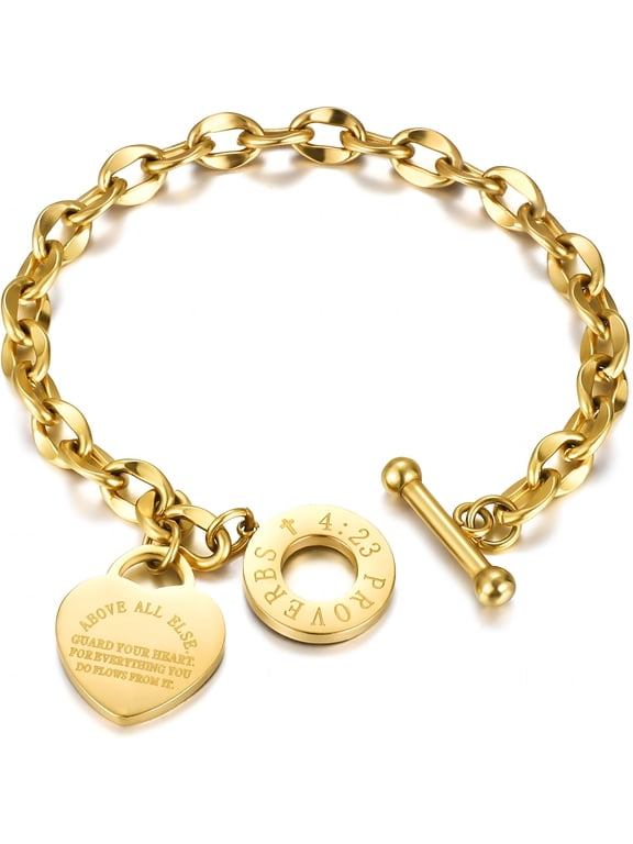 Heart Charm Bracelet for Women,Bible Verse Bracelet Stainless Steel 18K Gold Plated Bracelet Love Pendant Link Chain Ot Clasp,Birthday Christmas Jewelry Gift for Mother Her