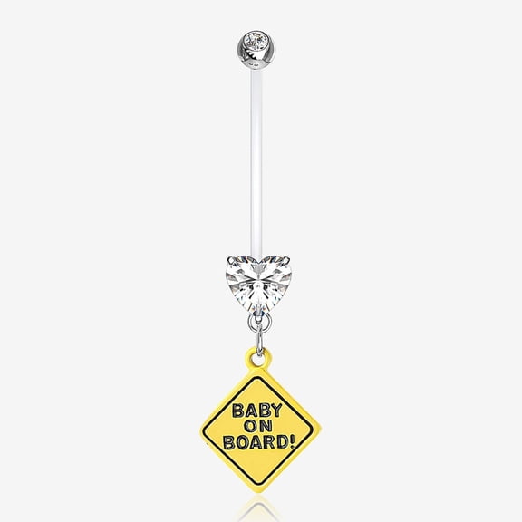 DESIGNICE Heart Gem Sparkle Baby on Board Dangle Bio-Flex Pregnancy Belly Button Ring-Clear Gem-Belly Button Ring Dangle