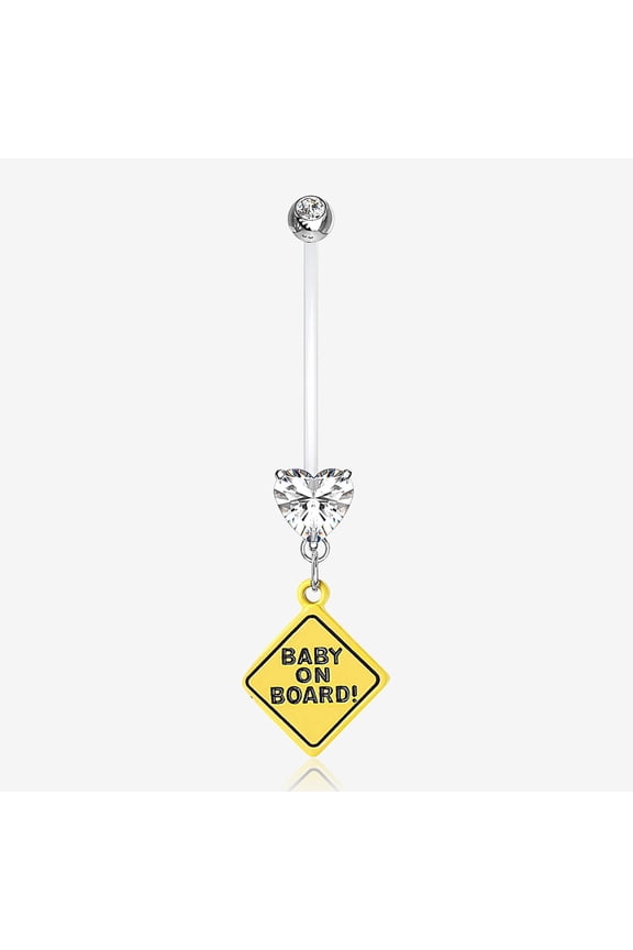 Heart Gem Sparkle Baby on Board Dangle Bio-Flex Pregnancy Belly Button Ring-Clear Gem-Belly Button Ring Dangle