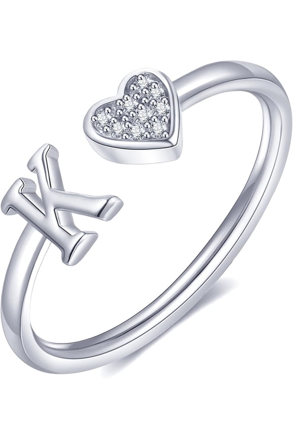 Heart Initial Ring for Women Silver Rose Gold Plated Heart Capital Letter Initial Ring Stackable Rings for Women Adjustable Alphabet Letter Rings Jewelry Gifts