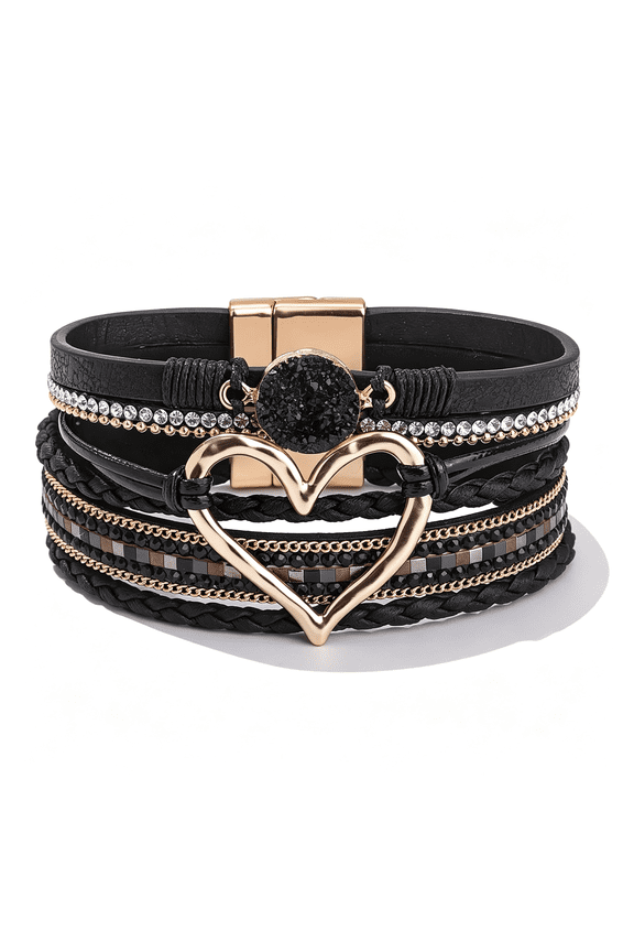 Heart Leather Wrap Bracelets Stackable Boho Cuff Bangles Trendy Resin Stone Rhinestone Bracelets with Magnetic Clasp for Women Bracelet Stack