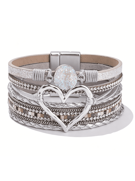 Heart Leather Wrap Bracelets Stackable Boho Cuff Bangles Trendy Resin Stone Rhinestone Bracelets with Magnetic Clasp for Women