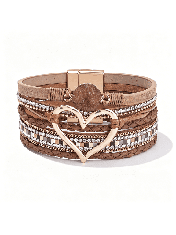 Heart Leather Wrap Bracelets Stackable Boho Cuff Bangles Trendy Resin Stone Rhinestone Bracelets with Magnetic Clasp for Women