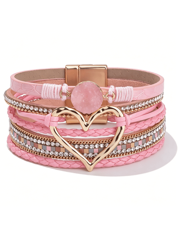 Heart Leather Wrap Bracelets Stackable Boho Cuff Bangles Trendy Resin Stone Rhinestone Bracelets with Magnetic Clasp for Women