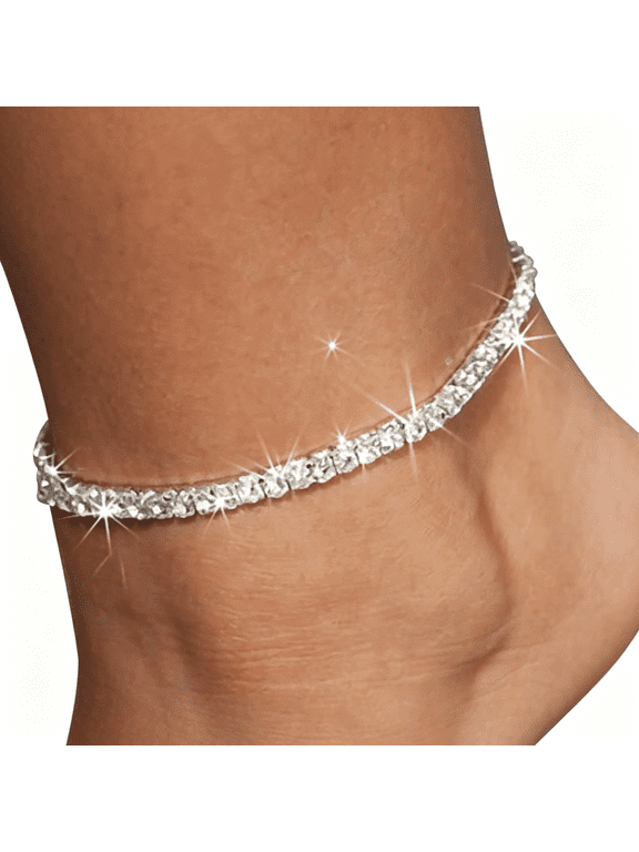 Heart Rhinestone Ankle Bracelets for Women, Adjustable Silver Plated Shiny Tennis Anklets, Twinkle Cubic Zircon Imitation Diamond Anklet Foot Chain Jewelry Gifts