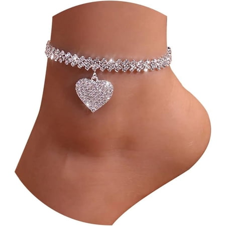 DESIGNICE Heart Rhinestone Ankle Bracelets for Women,Adjustable Silver Plated Shiny Tennis Anklets,Twinkle Cubic Zircon Imitation Diamond Anklet Foot Chain Jewelry Gifts