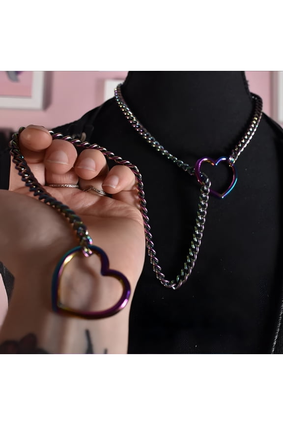 Heart Slip Chain Necklaces for Women, Stainless Steel O-Ring Adjustable Lariat Heart Y-Necklace, Punk Gothic Cuban Collar Necklace Jewelry for Men