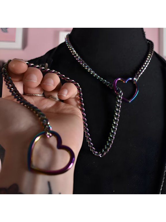 Heart Slip Chain Necklaces for Women, Stainless Steel O-Ring Adjustable Lariat Heart Y-Necklace, Punk Gothic Cuban Collar Necklace Jewelry for Men