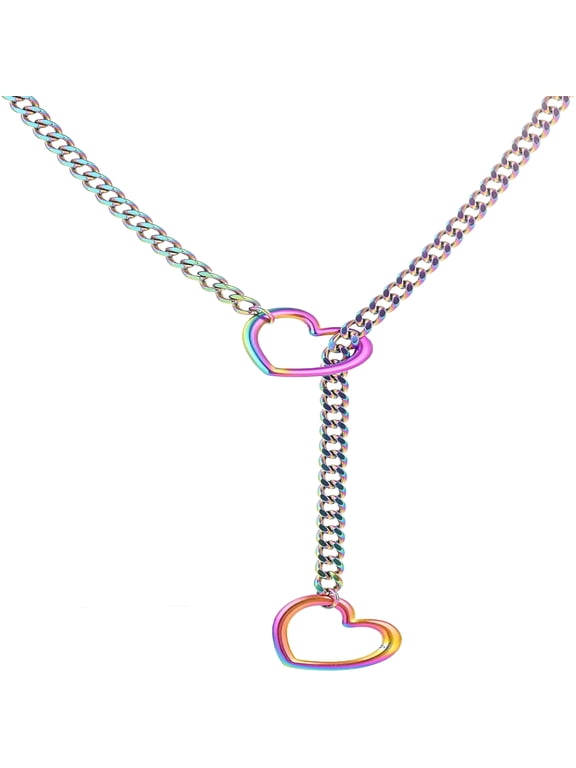 Heart Slip Chain Necklaces for Women, Stainless Steel O-Ring Adjustable Lariat Heart Y-Necklace, Punk Cuban Choker Necklace for Women