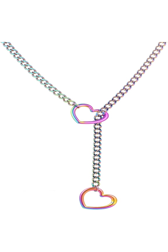 Heart Slip Chain Necklaces for Women, Stainless Steel O-Ring Adjustable Lariat Heart Y-Necklace, Punk Cuban Choker Necklace for Women