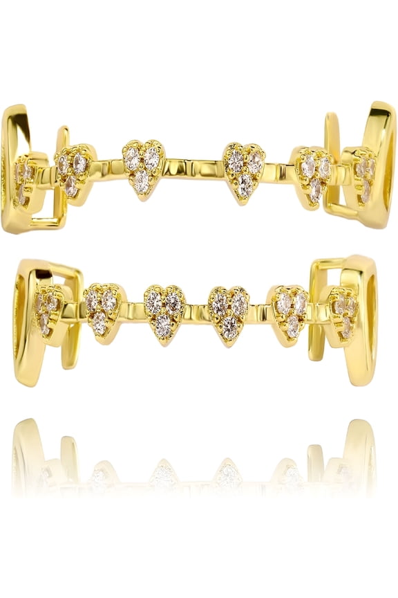 Heart Vampire Teeth Grillz for Women - Gold Tooth Cap with Iced out Faux Diamond Design,Fake Fangs Grills for Your Teeth,Cosplay Tooth Jewelry
