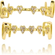 DESIGNICE Heart Vampire Teeth Grillz for Women - Gold Tooth Cap with Iced out Faux Diamond Design,Fake Fangs Grills for Your Teeth,Cosplay Tooth Jewelry