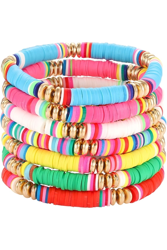 Heishi Bracelets for Women Stackable Rainbow Clay Beaded Stretch Band, Boho Summer Beach Jewelry Elastic Layering Friendship Bracelet Set