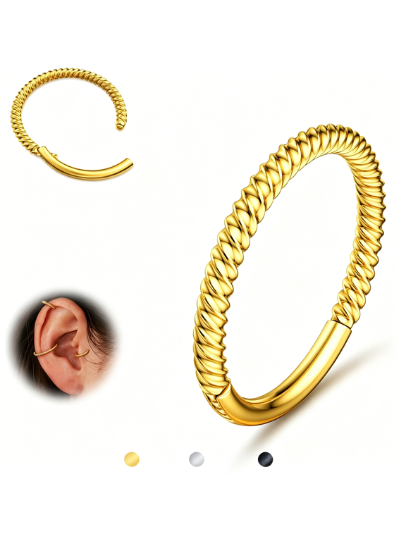 Hinged Nose Rings Hoops-316L Surgical Steel Twisted Seamless Clicker Cartilage Earrings Septum Rings Jewelry Conch Piercing Tragus Rook Daith Helixwomen Gold Plated/Black/Silver 16G/18G