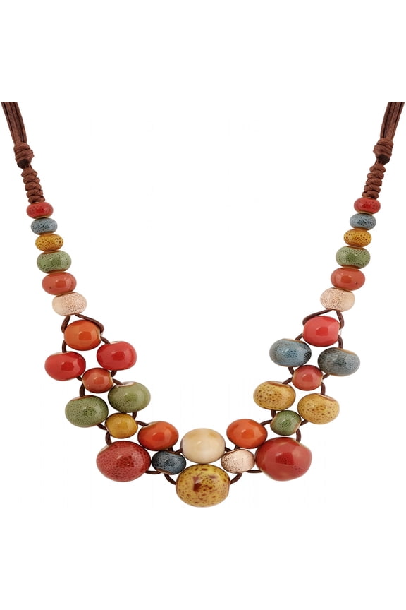 Hippie Boho Colorful Ceramic Round Beads Strand Necklace, Bohemian Fashion Statement Jewelry Gift for Women
