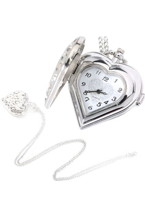 Hollow Quartz Heart Shaped Pocket Watch Necklace Pendant Chain Clock