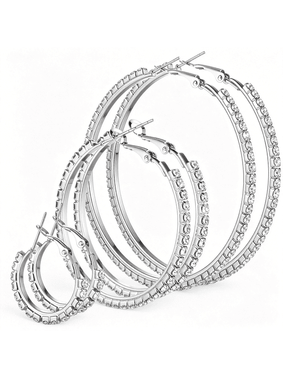 Hoop Earrings for Women 3 Pairs Rhinestone Hoop-Earrings Sparkly Hoop Earrings Lightweight 2/4/6Cm Sparkly Crystal Round Hoops for Wedding Party Gift Prom Date Accessories