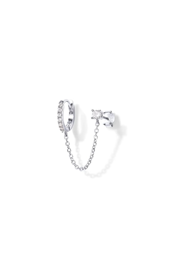 Hope Chain Earrings for Women | Double Piercing Dangle Chain Huggie Hoop Earrings | Cubic Zirconia Pearl Stud Ear Cuff Earrings for Women, Double Piercing Earrings, Silver C
