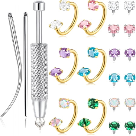 DESIGNICE Horseshoe Nose Rings 316L Surgical Steel Half Hoop Earrings for Women Internally Threaded Cartilage Helix Tragus Earrings Double CZ Eyebrow Lip Piercing 18G 20G 8MM Silver Gold Plated