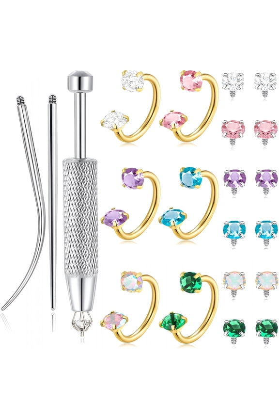 Horseshoe Nose Rings 316L Surgical Steel Half Hoop Earrings for Women Internally Threaded Cartilage Helix Tragus Earrings Double CZ Eyebrow Lip Piercing 18G 20G 8MM Silver Gold Plated
