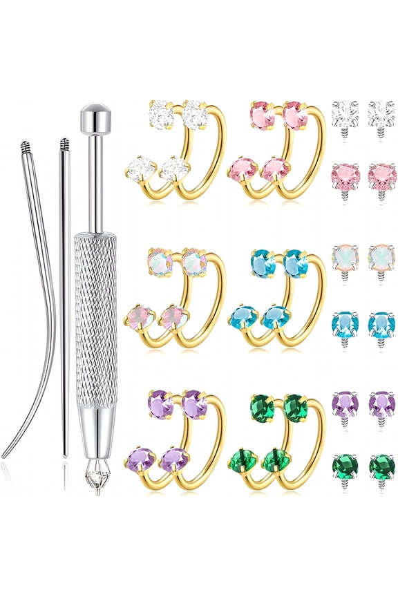 Horseshoe Nose Rings Half Hoop Earrings for Women Internally Threaded Double Cz Daith Tragus Helix Earring Lip Labret Septum Piercing 18G 20G 8Mm Silver Gold Plated