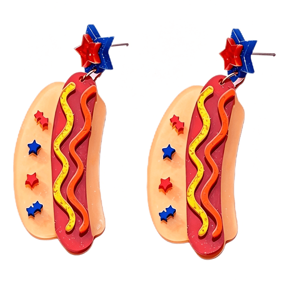 DESIGNICE Hot Dog Earrings for Women Independence Day Earrings Dangle American Flag Acrylic Stud Earring Fun Hot Dog Gifts Accessories Jewelry-0.98"*2.56"