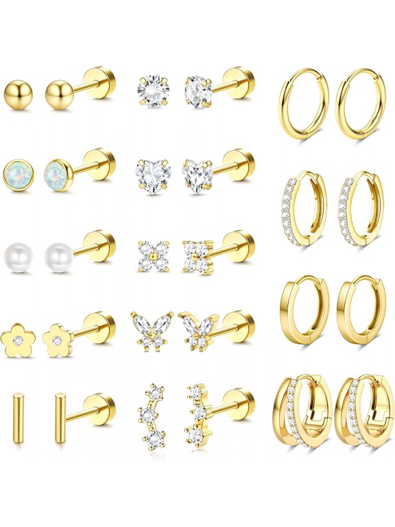 Hypoallergenic Flat Back Earrings - 14K Gold Plated Cartilage Earring Sets 20G Surgical Stainless Steel Earrings Small Hoop Flatback Stud Earring Stacks Helix Conch Tragus Piercing Jewelry