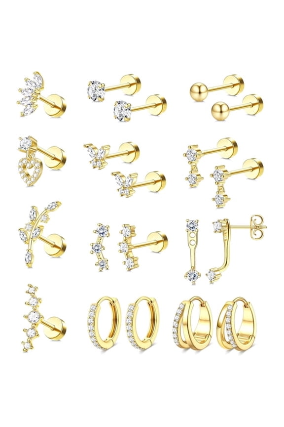 Hypoallergenic Flat Back Earrings Set-14K Gold Plated Cartilage Earrings for Women Surgical Steel Flatback Stud Hoop Earring Stacks for Helix Tragus Conch Piercing Jewelry(Singles&Pairs)