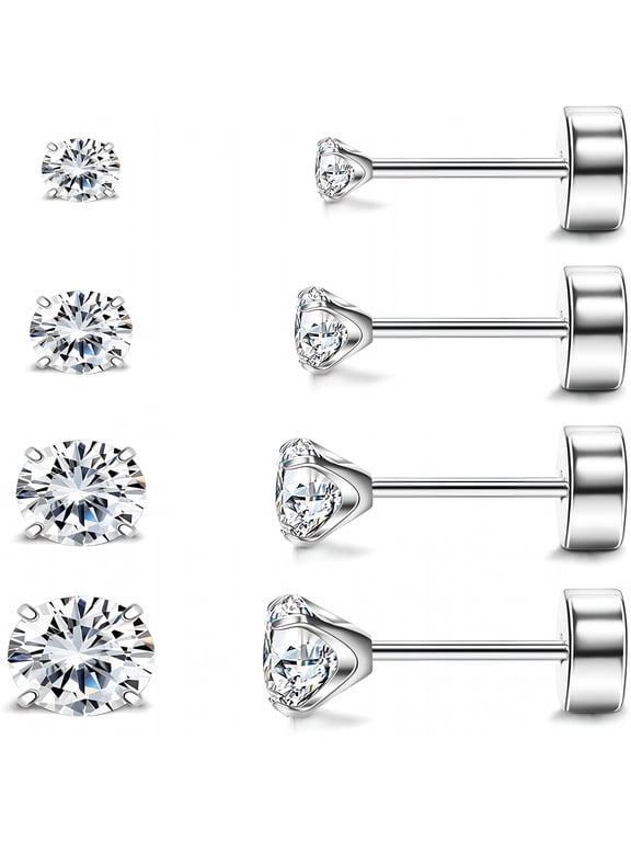 2026 New Hypoallergenic Flat Back Earrings for Women and Men,4 Pairs Implant Grade Titanium Stud Earrings with Flat Backs for Cartilage,Screw Back Pure Titanium Earrings Set