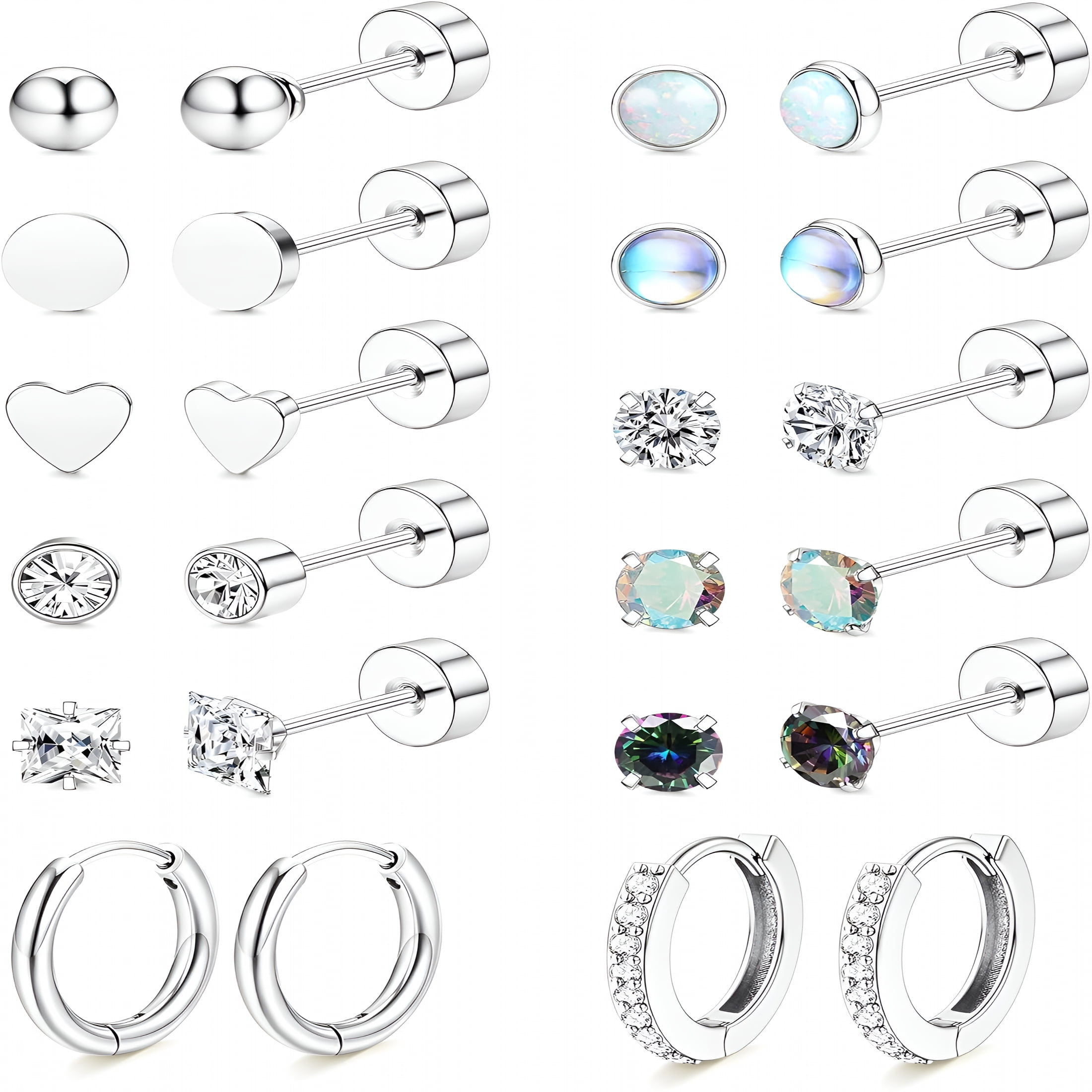 Hypoallergenic Flat Back Earrings for Women-Surgical Steel Earrings for Sensitive Ears 20G Stainless Steel Earring Stack