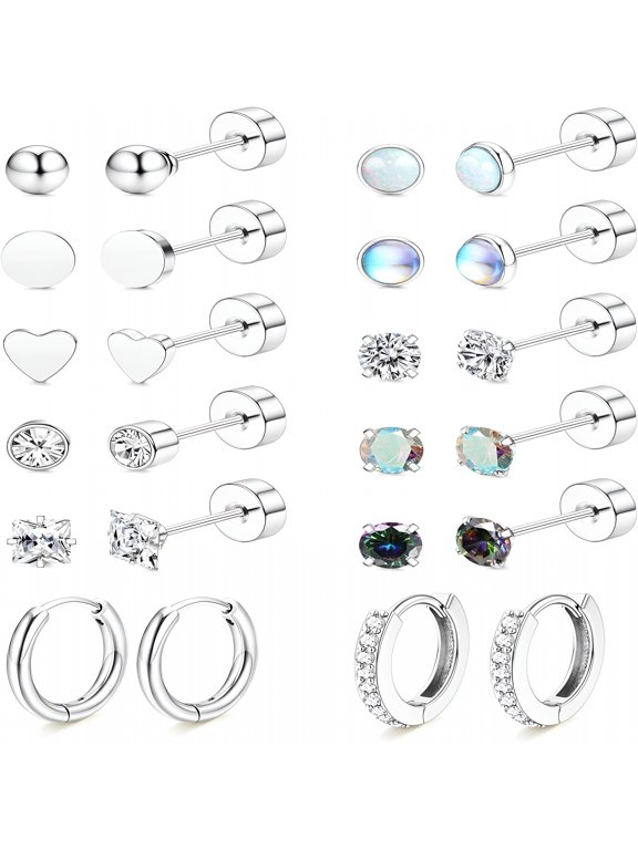 Hypoallergenic Flat Back Earrings for Women-Surgical Steel Earrings for Sensitive Ears 20G Stainless Steel Earring Stacks Small Flatback Stud Hoop Cartilage Earring
