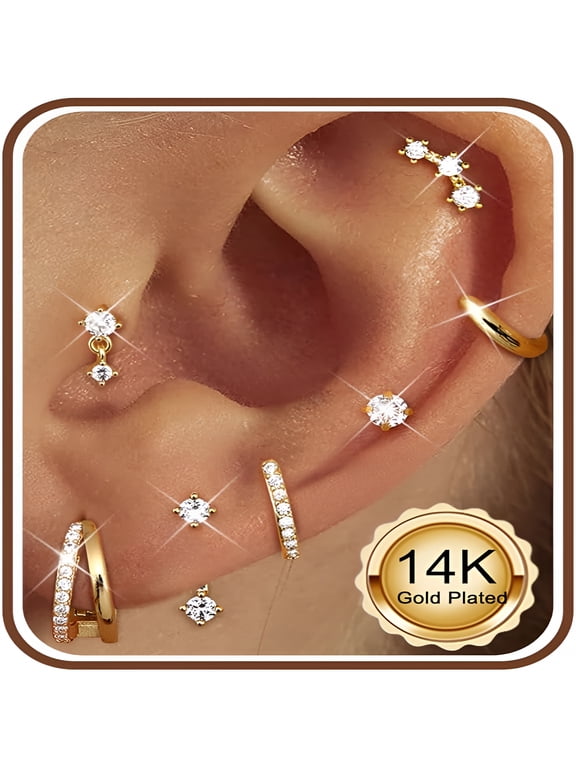 Hypoallergenic Gold Earrings Stack for Women - 7Pairs Surgical Steel Small Chunky Huggie Hoops & Flat Back Stud Earrings Set Silver Cartilage Jewelry