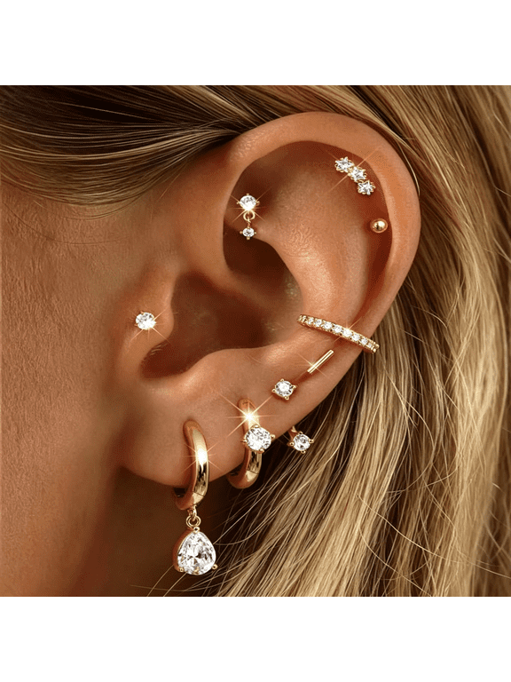 Hypoallergenic Silver Gold Earrings Stacks,9 Pairs 14K Gold Plated Surgical Stainless Steel Earring Set for Sensitive Ears,Small Ear Piercing Flat Back Cartilage Earrings