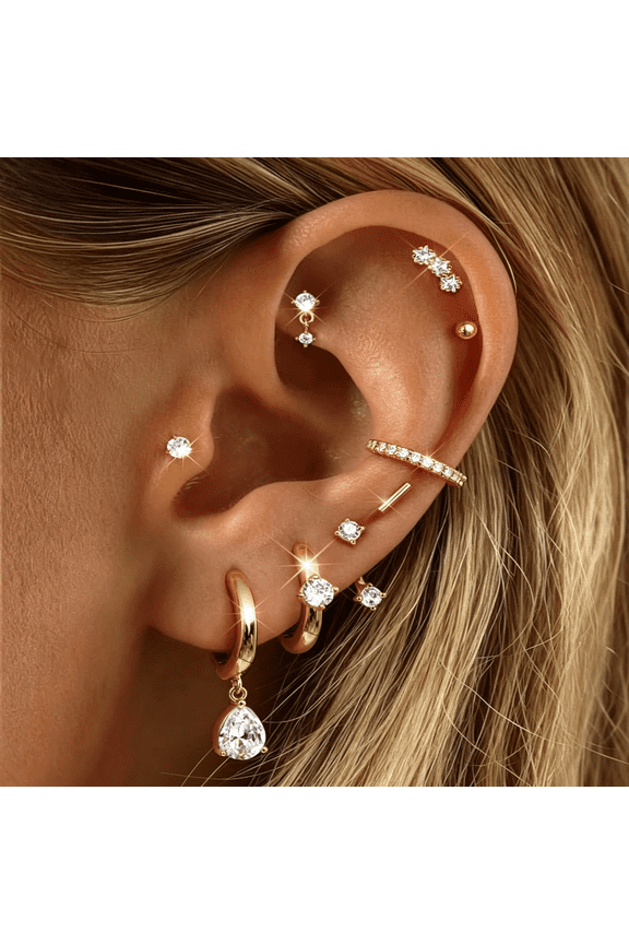 Hypoallergenic Silver Gold Earrings Stacks,9 Pairs 14K Gold Plated Surgical Stainless Steel Earring Set for Sensitive Ears,Small Ear Piercing Flat Back Cartilage Earrings
