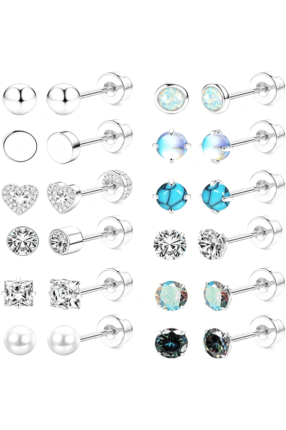 Hypoallergenic Surgical Steel Earrings for Sensitive Ears-Flat Back Stud Earrings 20G Cartilage Earrings Opal Cz Pearl Small Sleep Nap Earring