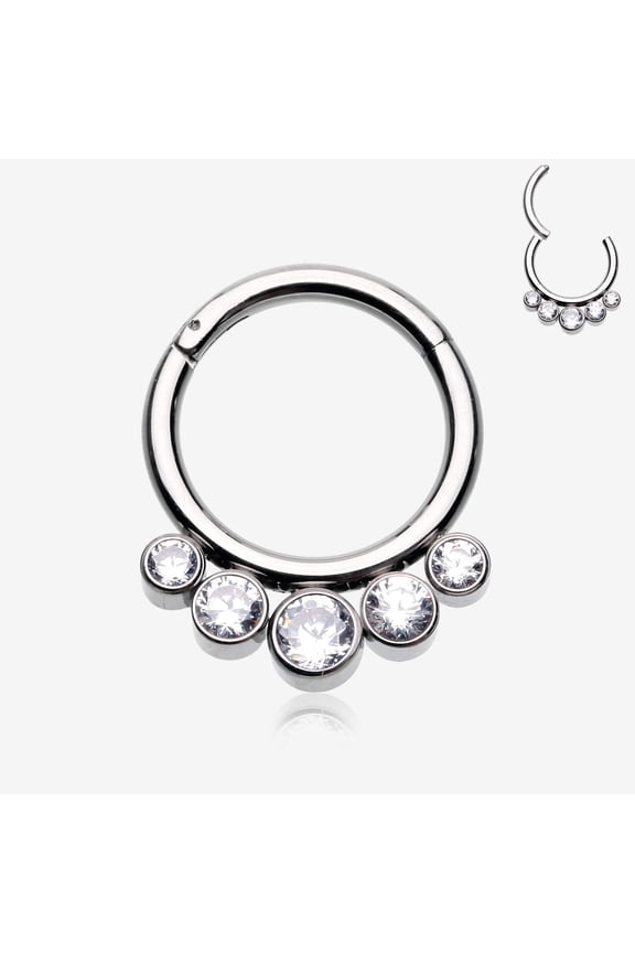 Implant Grade Titanium Quintuple Gem Sparkle Seamless Clicker Hoop Ring Implant-Grade Titanium Earrings-Clear Gem