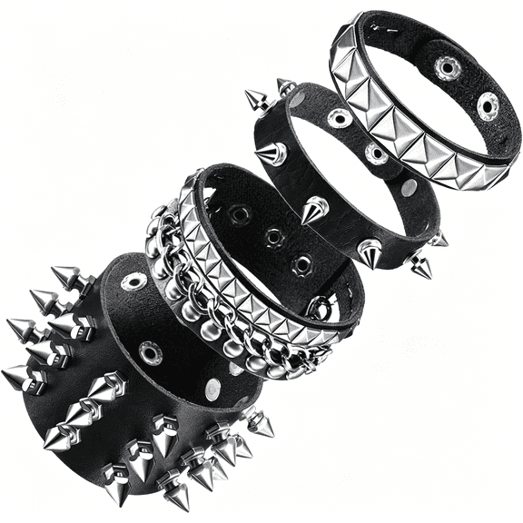 DESIGNICE Indie Grunge Studs Spiked Bracelet Goth Accessories for Cool Rocker Biker,4 Count Men Punk Black Pu Leather Cuff Bracelets Set