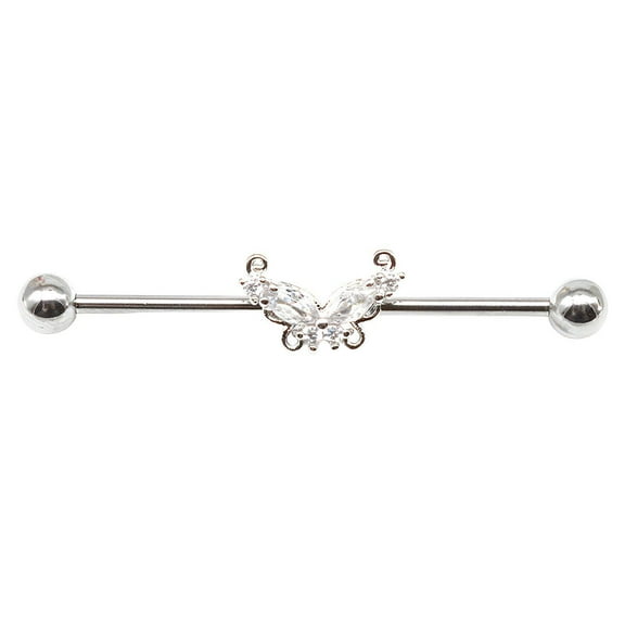 DESIGNICE Industrial Piercing Jewelry,Butterfly Design Barbell Earring,Heart-Shaped Zircon Women Piercing Bar,Silver