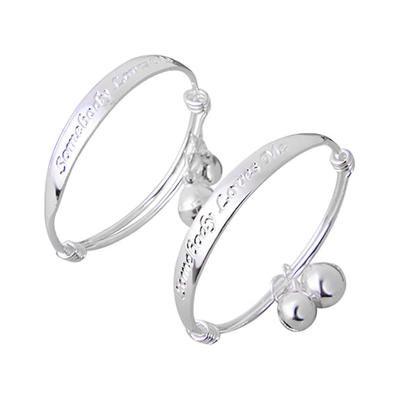 DESIGNICE Infant Jewelry Baby Pack of 2 Bracelet Double Bells Silver Plated English Letter Bangle Bracelet for Baby Silver Bracelet
